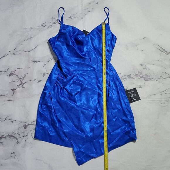 LuLus Blue Satin Cowl Neck Faux Wrap Mini Dress - Picture 4 of 7
